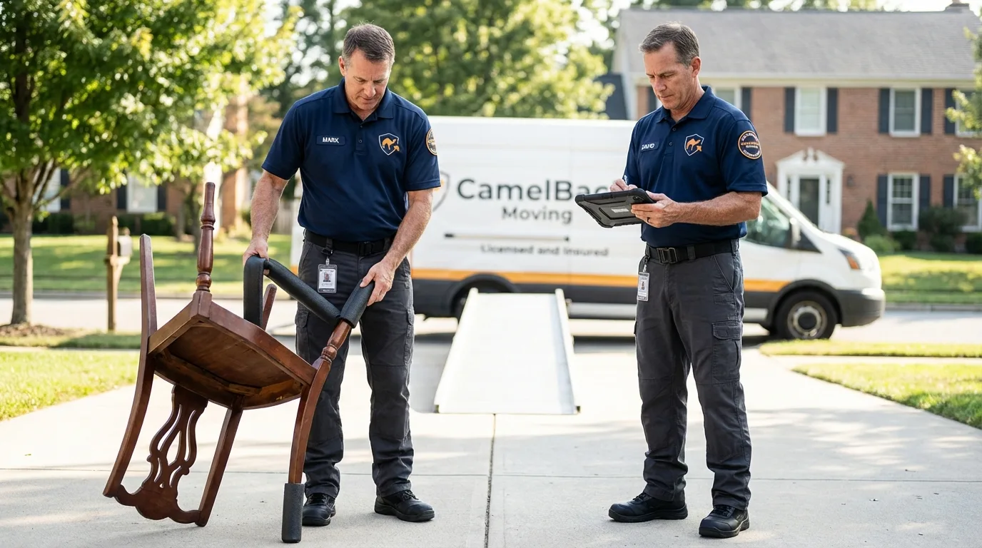 Movers inspecting furniture for damage prevention before loading in Rockledge, FL